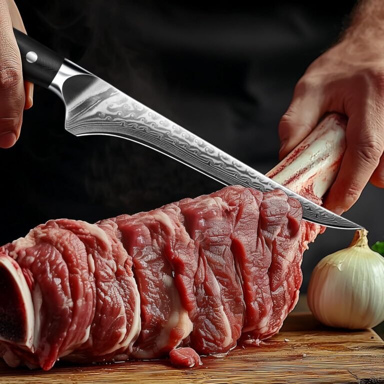 Cutting meat with SHAN ZU Damascus knife